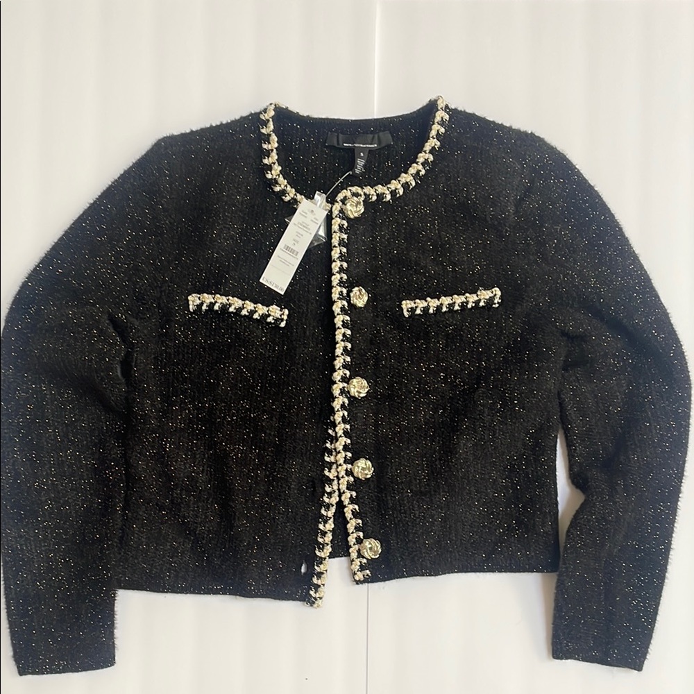 White House Black Market Black Cardigan with Gold Trim